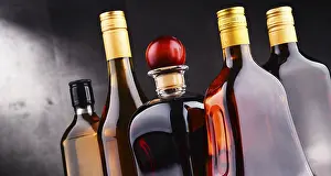 Deserted Bar Scene Prints: Composition with bottles of assorted alcoholic beverages