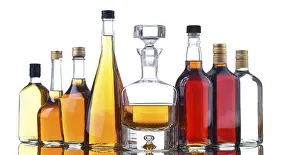 Alcoholic Beverage Display Prints: Composition with bottles of assorted alcoholic beverages