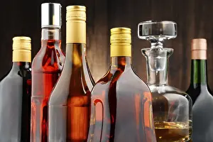 Decanter Arrangement Prints: Composition with bottles of assorted alcoholic beverages