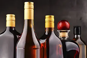 Decanter Arrangement Prints: Composition with bottles of assorted alcoholic beverages