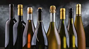 Diverse Wines Prints: Composition with bottles of different sorts of wine