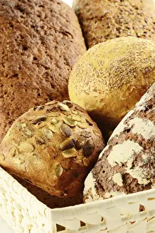 Baked Goods Photography Prints: Composition with bread and rolls on kitchen table