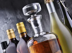 Whisky And Wine Display Prints: Composition with carafe and bottles of assorted alcoholic beverages