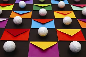 Glazed Tile Background Prints: Composition with colored envelopes and golf balls on the table