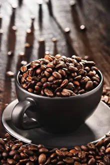 Breakfast Still Life Prints: Composition with cup of coffee and beans
