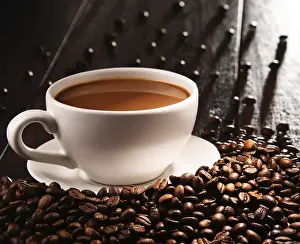 Breakfast Still Life Prints: Composition with cup of coffee and beans