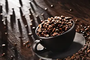 Empty Table Setting Prints: Composition with cup of coffee and beans