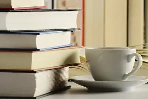 Natural Science Research Prints: Composition with cup of coffee and books on the table
