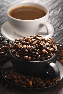 Empty Breakfast Table Prints: Composition with two cups of coffee and beans