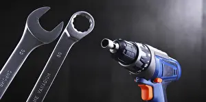 Computer Hardware Repair Prints: Composition with different kinds of hardware tools including cordless drill