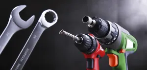 Electronic Technology Prints: Composition with different kinds of hardware tools including cordless drill
