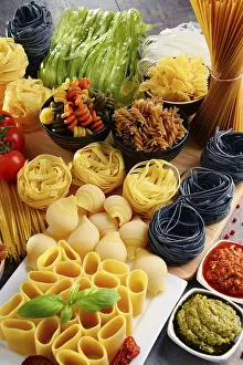 Pasta Composition Prints: Composition with different sorts of pasta on kitchen table