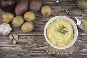 Grocery Store Food Still Life Prints: Composition with mashed potatoes wooden table