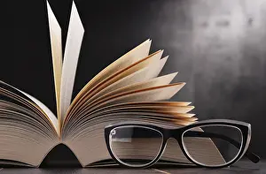 Education Art Print Prints: Composition with open book and glasses on the table