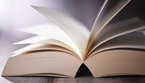 Deserted Library Scene Prints: Composition with open book on the table