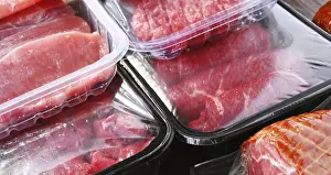 Grocery Store Food Photography Prints: Composition with packages of assorted meat products