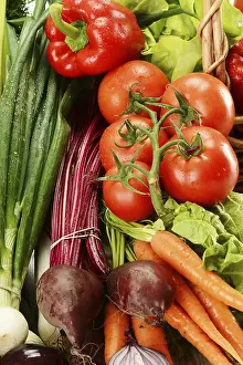Healthy Breakfast Meal Prints: Composition with raw vegetables and wicker basket