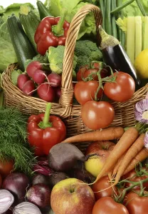Healthy Breakfast Meal Ideas Prints: Composition with raw vegetables and wicker basket