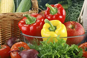 Healthy Breakfast Meal Prints: Composition with raw vegetables and wicker basket