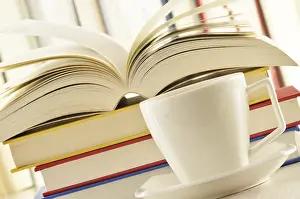 Composition With Books Prints: Composition with stack of books and cup of coffee