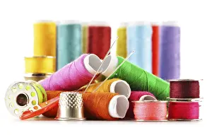 Bright White Background Photo Prints: Composition with tailor needles and threads over white background