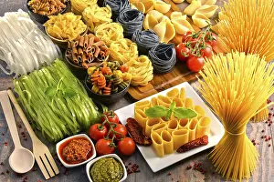 Empty Kitchen Table Scene Prints: Composition with variety of pasta on kitchen table