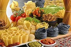 Empty Kitchen Table Scene Prints: Composition with variety of pasta on kitchen table