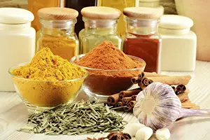 Balanced Diet Essentials Prints: Composition with variety of spices on kitchen table