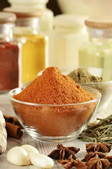 Balanced Diet Ingredients Prints: Composition with variety of spices on kitchen table