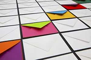 Office Supply Photo Prints: Composition with white and colored envelopes on the table