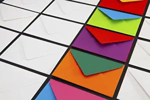 Glazed Tile Background Image Prints: Composition with white and colored envelopes on the table