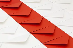 Empty Office Table Prints: Composition with white and red envelopes on the table