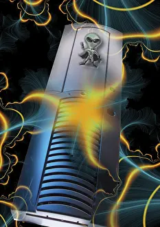Computer Graphic Design Prints: Computer with alien: symbol for computer viruses