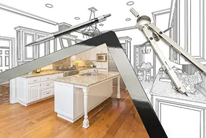 Construction Site Blueprints Prints: Computer tablet and drafting tools with kitchen drawing and photograph combination