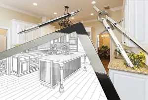 Construction Site Planning Prints: Computer tablet and drafting tools with kitchen drawing and photograph combination