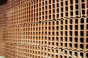 Deserted Red Brick Structure Prints: Construction bricks stacked pattern red clay