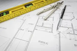 Architectural Sketch Prints: Construction Tools on Custom House Plans Print