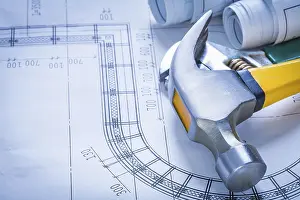 Building Design Drawing Prints: Construction plans adjustable spanner and claw hammer building concept