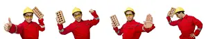 Construction Worker Prints: Construction worker with clay bricks on white