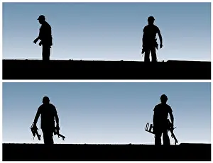 Hard Hat Prints: Construction workers work on building site