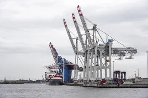 Freight Transport Vessel Prints: Container ship, loading cranes and stacks of containers