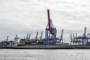 Freight Transport Vessel Prints: Container ship, loading cranes and stacks of containers