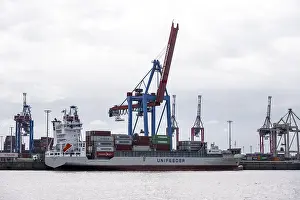 Hamburg Container Terminal Prints: Container ship, loading cranes and stacks of containers
