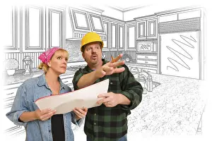 Blue Construction Helmet Prints: Contractor talking with customer over custom kitchen drawing