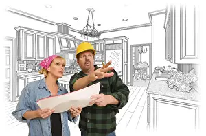 Blue Construction Helmet Prints: Contractor talking with customer over custom kitchen drawing