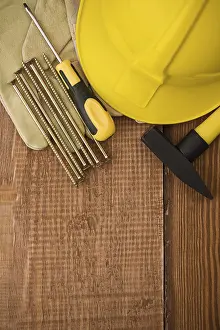 Construction Worker Prints: Copyspace background of board with tools