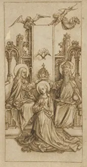 Prints of The coronation of the Virgin Mary by the Trinity. Mary kneels in the centre, while God the Father (right) and Jesus Christ (left) place the crown on her head together Basel Prints: The Coronation of the Virgin Mary by Hans Holbein Print