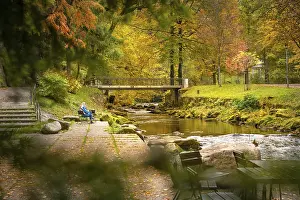 Baden Wurttemberg Waterfront Prints: Course of the river Enz with bridge
