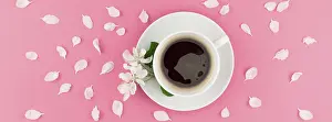 Pastel Pink Background Prints: Creative flat lay concept top view of coffee cup