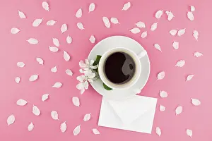 Pastel Pink Background Image Prints: Creative flat lay concept top view of coffee cup